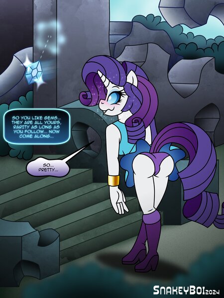 Size: 2700x3600 | Tagged: questionable, artist:snakeythingy, derpibooru import, rarity, anthro, unicorn, equestria girls, g4, boots, clothes, commission, diamond, gem, horn, hypnosis, hypnotized, image, jpeg, rarity peplum dress, ruins, shoes, sleepwalking