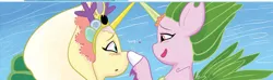 Size: 898x267 | Tagged: safe, derpibooru import, idw, seapony (g4), g5, spoiler:comic, spoiler:g5comic, anchors of the seven seas, boop, bubble, clothes, crown, dress, female, fin ears, fin wings, fins, flowing mane, horn, image, jewelry, my little pony: set your sail, ocean, official comic, png, princess anemone, queen calla lily, regalia, scales, set your sail #5, siblings, sisters, swimming, underwater, water, wings