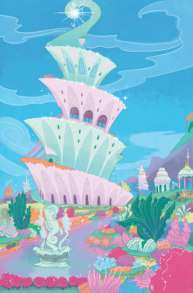 Size: 1033x1566 | Tagged: safe, derpibooru import, idw, g5, spoiler:comic, spoiler:g5comic, anemone, bubble, coral, crepuscular rays, flower, fountain, image, my little pony: set your sail, no pony, ocean, official comic, palace, png, reef, rose, seaweed, set your sail #4, sparkling sea, statue, sunlight, underwater, water