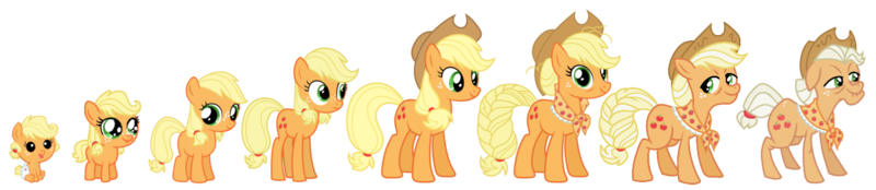 Size: 1475x320 | Tagged: safe, artist:dazzle, derpibooru import, applejack, earth pony, pony, accessory, age progression, blonde mane, braid, braided tail, female, filly, foal, hair bun, hat, image, mare, older, pigtails, png, simple background, tail, transparent background