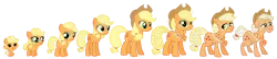 Size: 1475x320 | Tagged: safe, artist:dazzle, derpibooru import, applejack, earth pony, pony, accessory, age progression, blonde mane, braid, braided tail, female, filly, foal, hair bun, hat, image, mare, older, pigtails, png, simple background, tail, transparent background