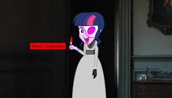 Size: 2688x1536 | Tagged: semi-grimdark, artist:cartoonmasterv3, derpibooru import, sci-twi, twilight sparkle, oc, oc:edward-imposter, unofficial characters only, human, equestria girls, g4, clothes, damage, damaged, dress, edwardian, fake twilight, here's johnny, humanized, image, knife, long dress, long skirt, nightmare fuel, not twilight sparkle, png, skirt, text