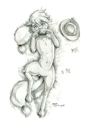 Size: 942x1400 | Tagged: safe, artist:baron engel, derpibooru import, applejack, earth pony, pony, belly, belly button, high angle, image, jpeg, looking at you, lying down, monochrome, on back, pencil drawing, solo, traditional art