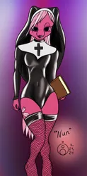 Size: 740x1500 | Tagged: suggestive, artist:sepiakeys, derpibooru import, oc, oc:carmine petals, anthro, book, breasts, clothes, female, fishnet clothing, fishnets, image, latex, latex leotard, latex nun, leotard, nun, nun outfit, png, socks, solo, solo female, stockings, thigh highs