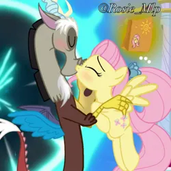 Size: 1280x1280 | Tagged: safe, derpibooru import, editor:daughteroffluttercord, discord, fluttershy, g4, the last problem, bag, discoshy, female, flower, flower in hair, image, jpeg, kissing, lunch bag, male, older, older fluttershy, portal, shipping, straight