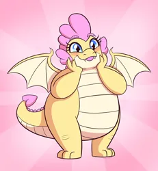 Size: 859x930 | Tagged: safe, artist:starrceline, artist:starrtoon, derpibooru import, oc, oc:buttercream the dragon, dragon, flurry heart's story, blushing, cheek squish, chubby, cute, dragon oc, dragoness, fat, female, floating eyebrows, heart shaped, image, jpeg, non-pony oc, northern drake, plump, spike's sister, spread wings, squishy cheeks, tongue out, wings