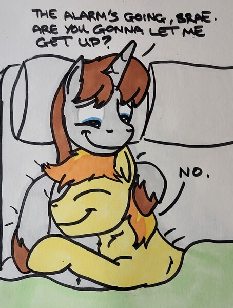 Size: 1549x2048 | Tagged: safe, artist:hoofclid, derpibooru import, braeburn, oc, oc:hoofclid, earth pony, pony, unicorn, g4, bed, canon x oc, cuddling, dialogue, duo, duo male, eyes closed, gay, horn, image, jpeg, male, marker drawing, on bed, overhead view, shipping, smiling, stallion, traditional art