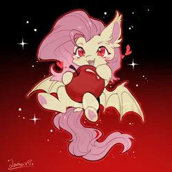 Size: 2048x2048 | Tagged: safe, artist:poyuewu, derpibooru import, fluttershy, bat pony, pony, apple, bat ponified, chibi, female, flutterbat, food, gradient background, heart, image, mare, open mouth, png, race swap, red background, red eyes, red outline, simple background, solo, sparkles, text