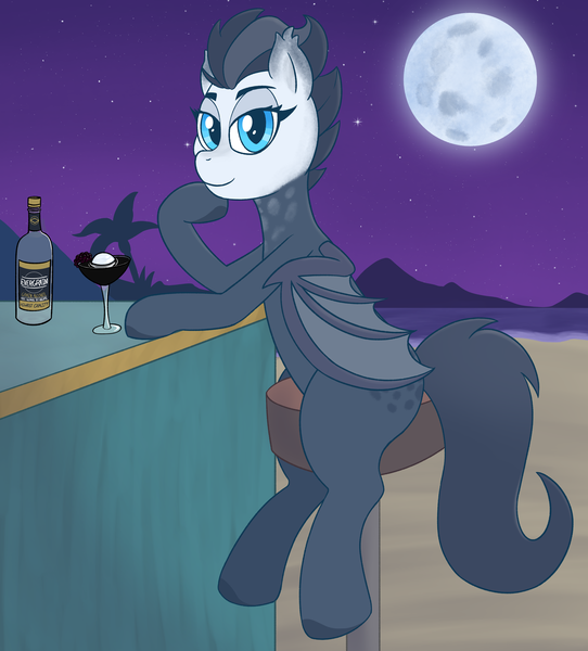 Size: 3167x3508 | Tagged: safe, artist:ligmire, derpibooru import, oc, oc:crystal eclipse, unofficial characters only, bat pony, pony, alcohol, bat pony oc, bat wings, beach, blue eyes, drink, everclear, female, image, mare, moon, multicolored coat, multicolored hair, night, png, solo, stars, wings