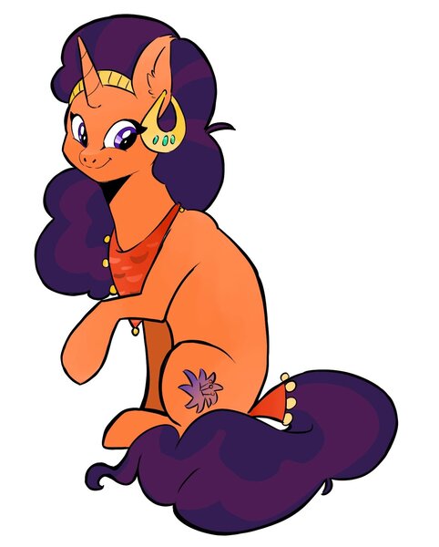 Size: 1367x1701 | Tagged: safe, artist:mayugraffiti, derpibooru import, saffron masala, pony, unicorn, g4, female, horn, image, jpeg, mare, simple background, sitting, solo, white background