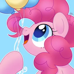 Size: 4000x4000 | Tagged: safe, artist:fizzlefer, derpibooru import, pinkie pie, earth pony, pony, g4, absurd resolution, balloon, colored pupils, cute, diapinkes, female, hoof hold, image, jpeg, light blue background, looking up, mare, open mouth, open smile, outline, simple background, smiling, solo, white outline