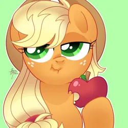 Size: 4000x4000 | Tagged: safe, artist:fizzlefer, derpibooru import, applejack, earth pony, pony, g4, absurd resolution, apple, bust, colored pupils, eating, female, food, green background, hoof hold, image, jpeg, lidded eyes, looking offscreen, mare, simple background, solo