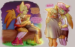 Size: 1920x1200 | Tagged: safe, artist:xconito, derpibooru import, applejack, fluttershy, anthro, earth pony, pegasus, pony, unguligrade anthro, alternate hairstyle, alternate universe, comforting, dialogue, drunk, duo, duo female, female, hug, huge, image, jpeg, lesbian, mare, ship:appleshy, shipping, short hair