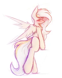 Size: 1985x2486 | Tagged: safe, artist:lu.de, derpibooru import, oc, oc:gold.de, unofficial characters only, pegasus, pony, blushing, butt, chest fluff, female, heart, image, looking at you, looking back, looking back at you, mare, pegasus oc, plot, png, simple background, solo, spread wings, tail, white background, wings