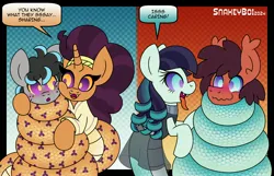 Size: 4096x2633 | Tagged: safe, artist:snakeythingy, derpibooru import, coloratura, saffron masala, oc, oc:silver wing, oc:sketchy dupe, lamia, original species, pony, snake, snake pony, coiling, coils, commission, female, hypnosis, image, jpeg, mare, sharing