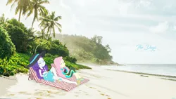 Size: 1600x900 | Tagged: safe, artist:haiikhal, derpibooru import, fluttershy, rarity, human, equestria girls, g4, beach, clothes, equestria girls in real life, female, fluttershy's wetsuit, image, irl, jpeg, photo, rarity's blue sarong, rarity's purple bikini, sandals, swimsuit