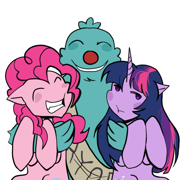 Size: 1000x1000 | Tagged: safe, artist:0liiver, derpibooru import, pinkie pie, twilight sparkle, earth pony, pony, unicorn, bugsnax, crossover, filbo fiddlepie, grumpus, horn, hug, image, png, simple background, transparent background