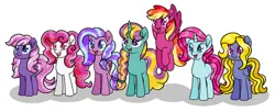 Size: 750x305 | Tagged: safe, artist:rainboomspectrumart, derpibooru import, daisy dreams, dewdrop dazzle, feathermay, flitterheart, lily blossom, plumsweet, snowcatcher, g4, cute, g4betes, image, jpeg, movie accurate, simple background, white background