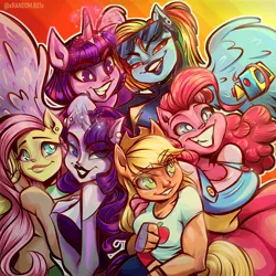 Size: 1600x1600 | Tagged: safe, artist:xconito, derpibooru import, applejack, fluttershy, pinkie pie, rainbow dash, rarity, twilight sparkle, twilight sparkle (alicorn), alicorn, anthro, earth pony, pegasus, pony, unicorn, g4, breasts, busty applejack, busty pinkie pie, busty rarity, camera, ear piercing, earring, female, grin, horn, human facial structure, image, jewelry, lidded eyes, lipstick, mane six, mare, no pupils, piercing, png, prehensile mane, smiling, sunglasses, sunglasses on head