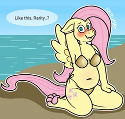 Size: 1280x1212 | Tagged: suggestive, artist:mattumby, derpibooru import, fluttershy, anthro, digitigrade anthro, pegasus, g4, arm behind head, armpits, beach, belly, belly button, bikini, blushing, breasts, chubby, cleavage, clothes, dialogue, female, floppy ears, image, implied rarity, kneeling, looking at you, mare, ocean, open mouth, open smile, paw pads, paws, png, sand, signature, smiling, solo, speech bubble, spread wings, swimsuit, tail, underpaw, water, wings