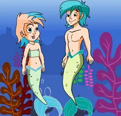 Size: 1308x1251 | Tagged: safe, artist:ocean lover, derpibooru import, coral currents, sandbar, human, merboy, mermaid, merman, background, bandeau, bare shoulders, belly, belly button, brother and sister, child, cute, female, fins, fish tail, friendship student, green eyes, human coloration, humanized, image, kelp, light skin, looking at each other, looking at someone, male, male and female, mermaid tail, mermaidized, midriff, ms paint, older coral currents, png, seaweed, short hair, siblings, smiling, smiling at each other, species swap, tail, tail fin, teenager, two toned hair, underwater, water