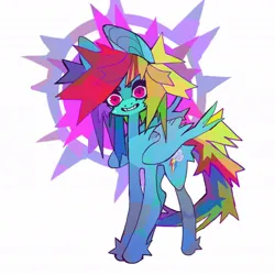 Size: 1058x1058 | Tagged: safe, artist:cutesykill, derpibooru import, rainbow dash, pegasus, pony, g4, abstract background, alternate hairstyle, alternate tailstyle, beanbrows, beauty mark, big ears, big eyes, blue coat, colored eyebrows, colored pinnae, creepy, creepy smile, eyebrows, eyelashes, facing you, female, fetlock tuft, folded wings, image, jpeg, large wings, long legs, long tail, looking at you, mare, passepartout, rainbow punk, red eyes, slender, smiling, smiling at you, solo, spiky mane, spiky tail, standing, tail, thick eyelashes, thin, thin legs, unusual pupils, wings