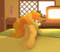 Size: 3000x2600 | Tagged: safe, artist:algoatall, ponerpics import, peachy pie, earth pony, pony, bed, bedroom, bedsheets, butt, dock, featureless crotch, female, filly, happy, image, looking away, lying down, open mouth, plot, png, solo, television, window