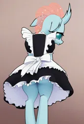 Size: 832x1216 | Tagged: suggestive, ai content, derpibooru import, generator:civitai, machine learning generated, prompter:nickdisneyfan78, stable diffusion, ocellus, changeling, g4, butt, clothes, generator:pony diffusion v6 xl, image, jpeg, maid, rear view