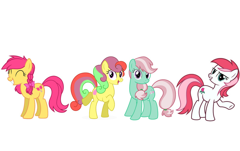 Size: 4096x2584 | Tagged: safe, artist:meghan12345, derpibooru import, desert rose, minty, earth pony, pony, g3, g4, bend over, bow, candy apple (g3), eyes closed, fancy flora, female, g3 to g4, generation leap, group, hair bow, happy, image, jpeg, looking at you, open mouth, open smile, quartet, raised hoof, raised leg, recolor, rubber band, simple background, smiling, standing, walking, white background