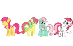 Size: 4096x2584 | Tagged: safe, artist:meghan12345, derpibooru import, desert rose, minty, earth pony, pony, g3, g4, bend over, bow, candy apple (g3), eyes closed, fancy flora, female, g3 to g4, generation leap, group, hair bow, happy, image, jpeg, looking at you, open mouth, open smile, quartet, raised hoof, raised leg, recolor, rubber band, simple background, smiling, standing, walking, white background