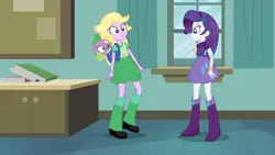 Size: 1280x720 | Tagged: safe, derpibooru import, screencap, rarity, spike, spike the regular dog, twilight sparkle, dog, equestria girls, g4, backpack, boots, classroom, clothes, disguise, duo, duo female, female, image, my little pony equestria girls, png, shoes, twilight strong, wig