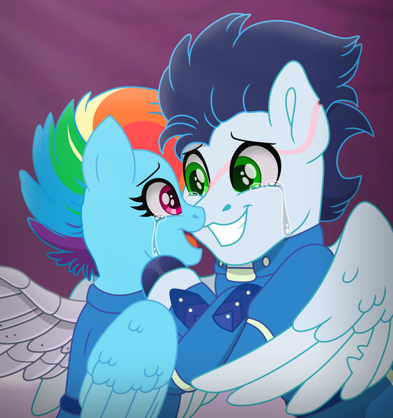 Size: 5381x5722 | Tagged: safe, artist:faitheverlasting, derpibooru import, rainbow dash, soarin', pegasus, pony, g4, alternate hairstyle, alternate timeline, amputee, apocalypse dash, armor, artificial wings, augmented, clothes, cork, crying, crystal empire, crystal war timeline, embrace, facial scar, female, image, male, mare, mechanical wing, png, prosthetic limb, prosthetic wing, prosthetics, scar, shipping, soarindash, sombraverse, stallion, straight, tears of joy, uniform, wings