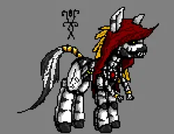 Size: 891x688 | Tagged: safe, artist:damset, derpibooru import, oc, oc:dynamo, unofficial characters only, android, robot, zebra, digital art, female, hood, image, jewelry, ms paint, pixel art, png, red hood, ring, simple background, tail, tail ring, yellow eyes