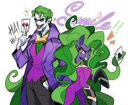 Size: 1312x1080 | Tagged: safe, artist:yizhitianmenga, derpibooru import, mane-iac, earth pony, pony, ace of hearts, ace of spades, bowtie, card, clothes, crossover, dc comics, female, grin, hand in pocket, image, jacket, joker, laughing, mare, necktie, pants, playing card, png, simple background, smiling, solo, text, white background