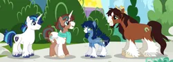 Size: 1280x460 | Tagged: safe, artist:hopenotfound, derpibooru import, shining armor, trouble shoes, oc, oc:snowdrop (hopenotfound), oc:willow tree, pony, unicorn, clothes, horn, image, magical gay spawn, male, offspring, png, scarf, stallion