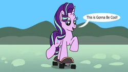 Size: 1920x1080 | Tagged: safe, artist:platinumdrop, derpibooru import, starlight glimmer, commission, happy, image, png, skateboard, smiling, speech bubble, talking