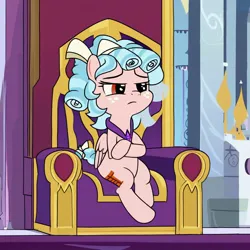 Size: 1024x1024 | Tagged: safe, ai content, derpibooru import, machine learning generated, cozy glow, pegasus, a better ending for cozy, alternate universe, cozybetes, cute, empire, griffonstone, image, jpeg, royal advisor, sitting, throne, unamused