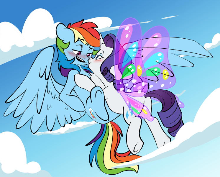 Size: 4153x3338 | Tagged: safe, artist:chub-wub, derpibooru import, rainbow dash, rarity, pegasus, pony, unicorn, g4, sonic rainboom (episode), bedroom eyes, blushing, cloud, duo, duo female, eye contact, eyeshadow, female, flying, gossamer wings, horn, image, jpeg, lesbian, looking at each other, looking at someone, makeup, mare, open mouth, outdoors, ship:raridash, shipping, sky, spread wings, tail, wings