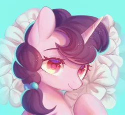 Size: 1300x1200 | Tagged: safe, artist:leafywind, derpibooru import, sugar belle, pony, unicorn, blue background, bust, cyan background, female, flower, horn, image, jpeg, mare, portrait, simple background, smiling, solo