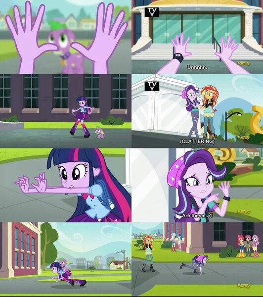 Size: 1179x1329 | Tagged: safe, derpibooru import, apple bloom, bon bon, lyra heartstrings, scootaloo, spike, starlight glimmer, sunset shimmer, sweetie belle, sweetie drops, twilight sparkle, equestria girls, g4, beanie hat, boots, callback, canterlot high, clothes, comparison, cutie mark crusaders, equestria girls specials, image, jpeg, my little pony equestria girls, my little pony equestria girls: mirror magic, shoes, wondercolt statue