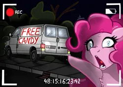 Size: 5000x3535 | Tagged: safe, artist:gabbygums21, derpibooru import, pinkie pie, earth pony, pony, camcorder, female, free candy, image, lost, mare, meme, night, png, pointing, solo, soyjak, street, this will not end well, van, wojak