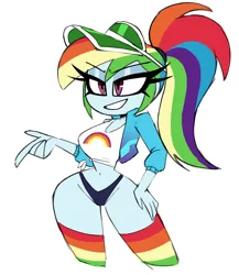 Size: 1737x2000 | Tagged: suggestive, artist:nelljoestar, derpibooru import, rainbow dash, human, equestria girls, g4, big breasts, breasts, busty rainbow dash, clothes, female, front knot midriff, humanized, image, jacket, jpeg, lidded eyes, midriff, no nose, panties, ponytail, shirt, simple background, smiling, socks, solo, thigh highs, thong, underwear, visor cap, white background, wide hips