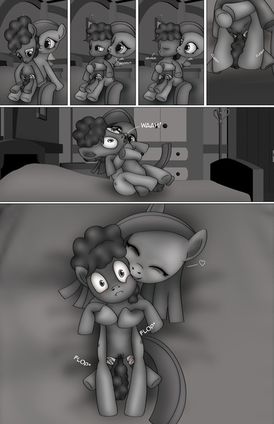 Size: 1989x3072 | Tagged: suggestive, artist:anonymousandrei, derpibooru import, li'l cheese, marble pie, earth pony, pony, comic:life of li'l cheese, g4, the last problem, bed, bedroom eyes, blushing, colt, comic, derpibooru exclusive, female, foal, holding, image, jpeg, leg lock, male, mare, older marble pie, pie family home, pubic fluff, spread legs, spreading