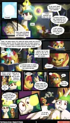 Size: 3541x6174 | Tagged: safe, artist:angusdra, artist:lummh, derpibooru import, princess cadance, princess celestia, sunset shimmer, alicorn, pony, unicorn, comic:the princess of love, g4, absurd resolution, blurry background, book, comic, crown, female, filly, filly sunset shimmer, foal, glow, glowing horn, hoof shoes, horn, image, jewelry, levitation, magic, mare, necklace, pendant, peytral, png, princess shoes, regalia, speech bubble, teen princess cadance, telekinesis, telepathy, thought bubble, wings, younger