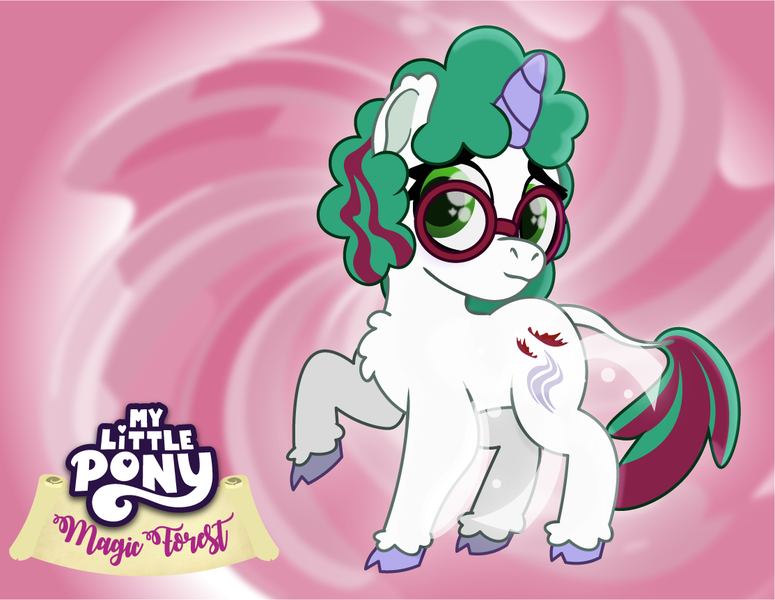 Size: 1113x862 | Tagged: safe, artist:prixy05, derpibooru import, gusty, pony, unicorn, series:magic forest, g1, female, filly, foal, glasses, glowing cutie mark, horn, image, png, red background, simple background, solo