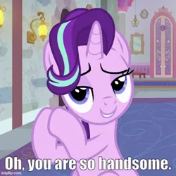 Size: 500x500 | Tagged: safe, derpibooru import, edit, edited screencap, screencap, starlight glimmer, a horse shoe-in, g4, caption, flirting, image, image macro, imgflip, jpeg, lidded eyes, talking to viewer, text