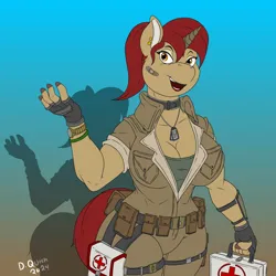 Size: 900x900 | Tagged: safe, artist:quicktron, derpibooru import, oc, unofficial characters only, anthro, unicorn, anthro oc, bandaid, breasts, busty oc, clothes, dog tags, female, fingerless gloves, g.i. joe, gloves, gradient background, horn, image, jumpsuit, medic, medkit, open mouth, open smile, png, shadow, signature, smiling, solo