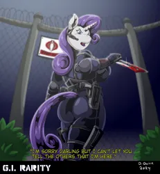 Size: 1000x1080 | Tagged: semi-grimdark, artist:quicktron, derpibooru import, rarity, anthro, unicorn, barbed wire, blood, bloody knife, bodysuit, breasts, busty rarity, butt, clothes, crossover, dialogue, female, fence, g.i. joe, headset, horn, image, knife, outdoors, png, rearity, signature, solo