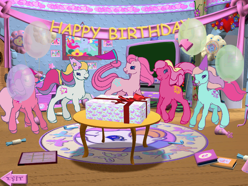 Size: 800x600 | Tagged: safe, derpibooru import, ivy, light heart, sundance (g2), sweet berry, earth pony, pony, g2, birthday, book, group, happy birthday, image, indoors, morning glory (g2), my little pony: friendship gardens, picture, png, present, puzzle, quintet, table, tic tac toe