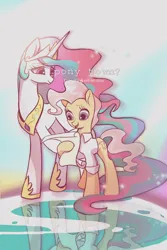 Size: 2349x3524 | Tagged: safe, artist:renjia254, derpibooru import, mayor mare, princess celestia, alicorn, earth pony, pony, clothes, female, gradient background, image, jpeg, mare, non-dyed mayor, open mouth, raised hoof, scroll, shirt, smiling, text, younger